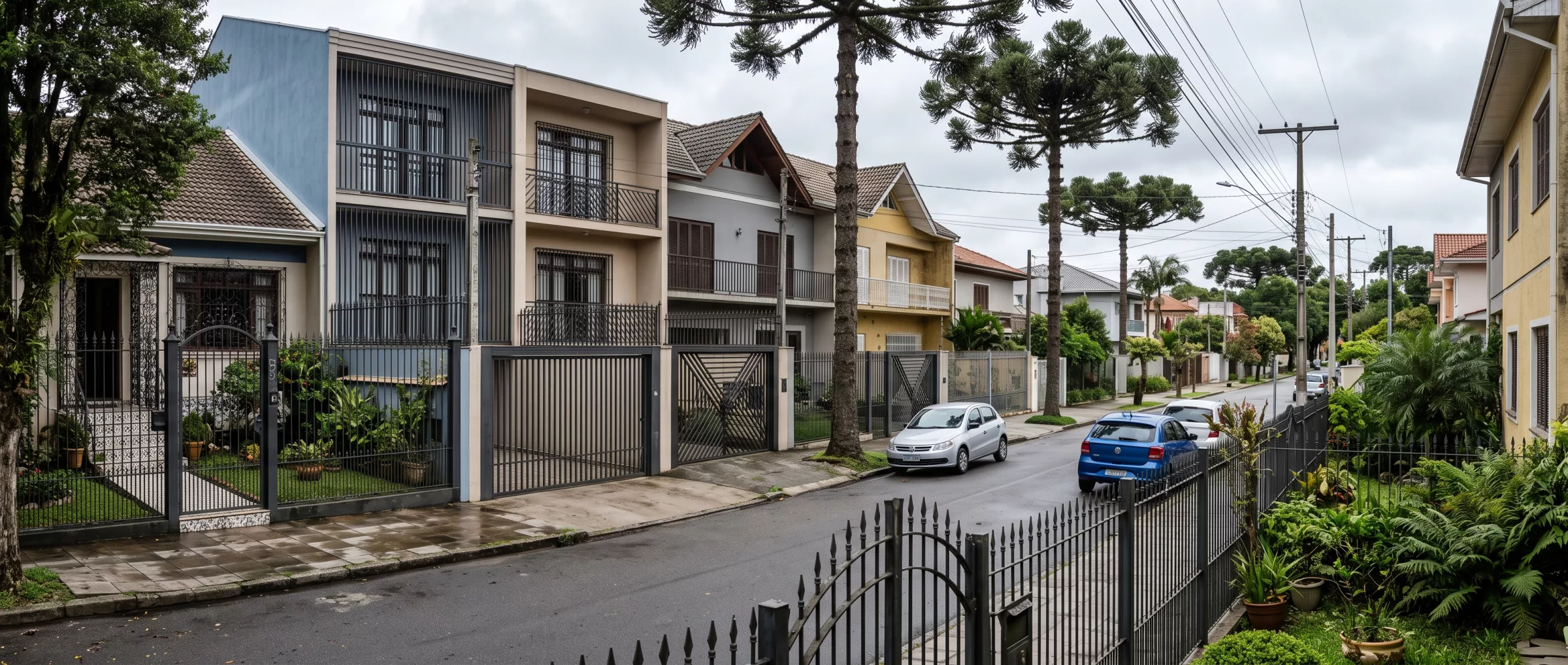 Rua residencial em Curitiba com portões e grades nas casas
