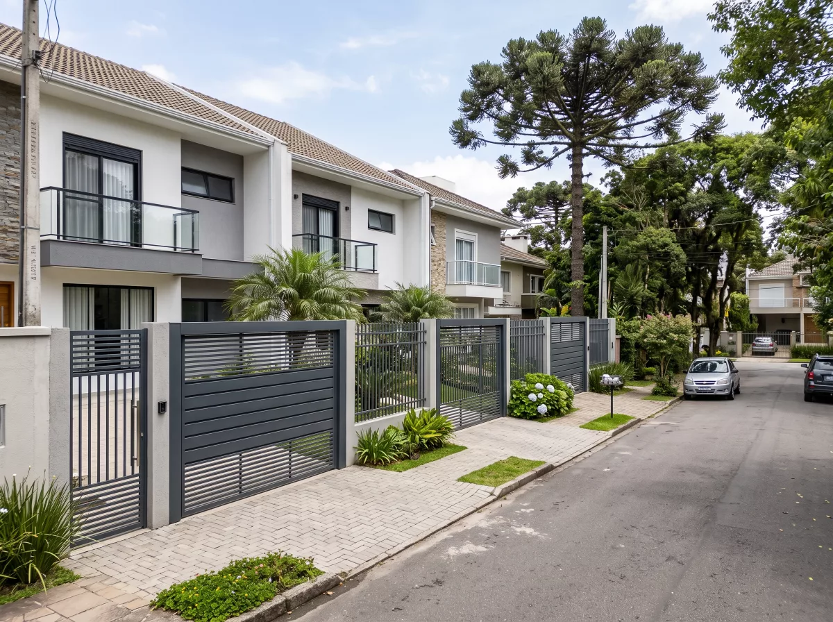 Sobrados com portões metálicos em bairro residencial