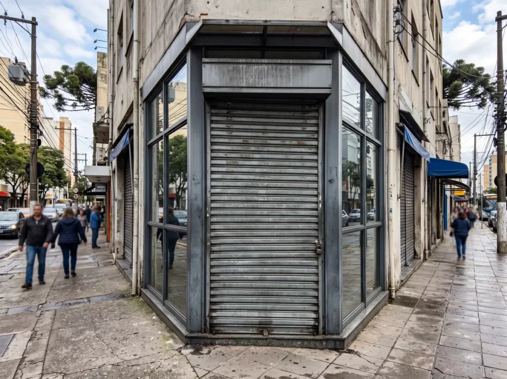 Fachada comercial com porta de aço e esquadrias