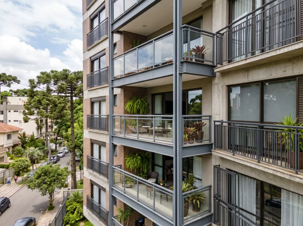 Prédio residencial com guarda-corpos de vidro e alumínio